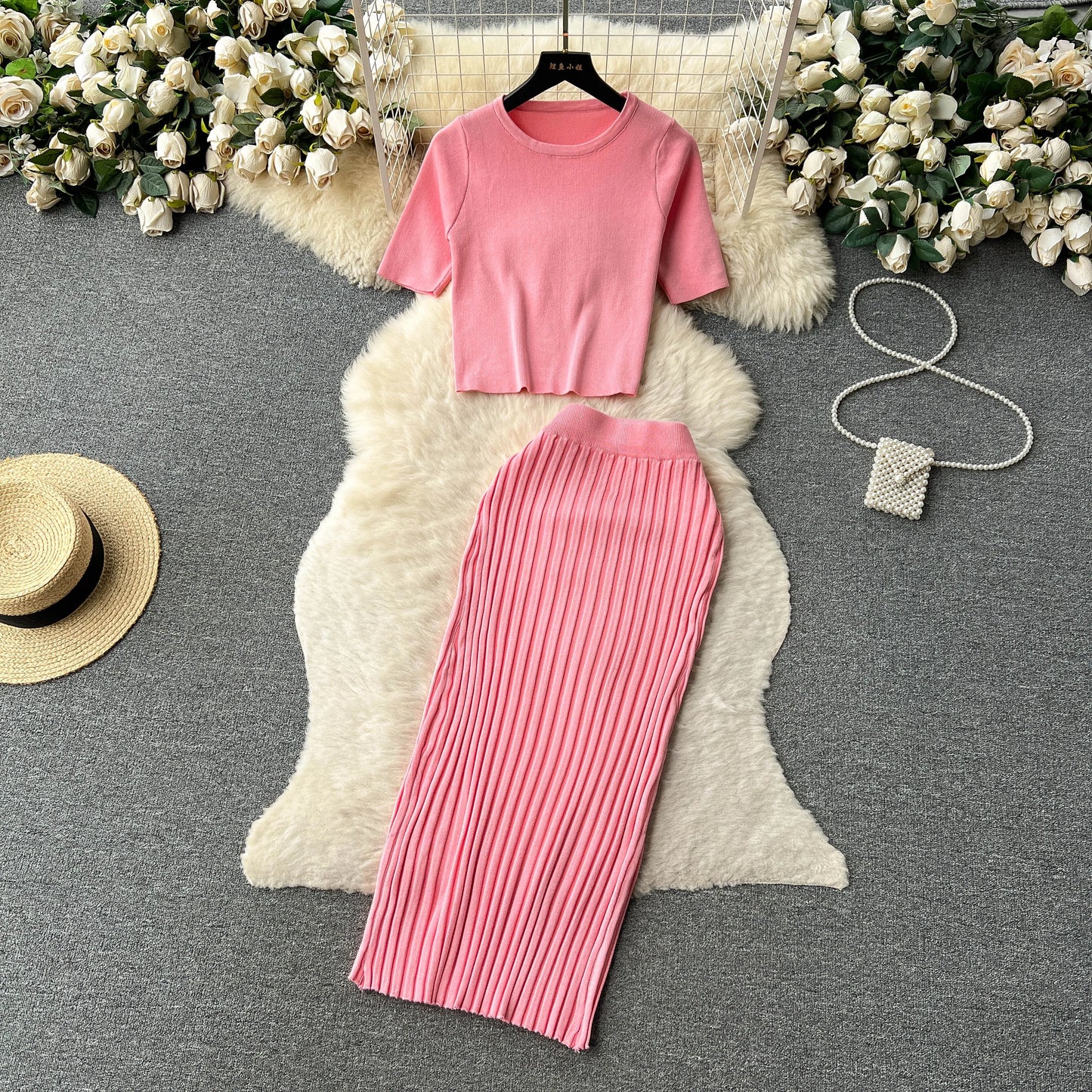 Two Piece Sets Women Top Elastic Waist Long Skirt