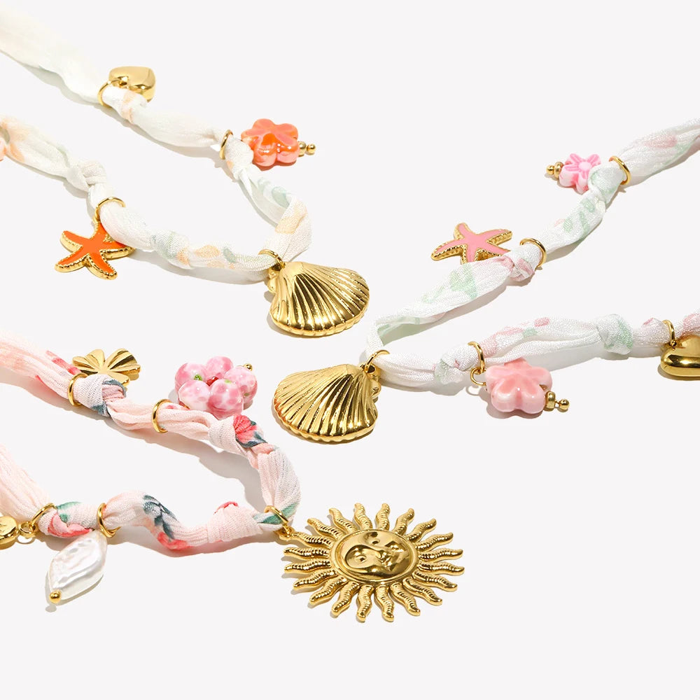 New Fashion 18K Gold Plated Ribbon Flower Starfish Fossil Shell Sun Pendant Necklace Stainless Steel Neck Jewerly