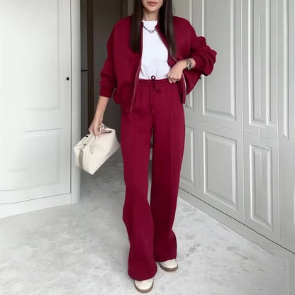 Two Piece Sets Round Fashion Simple Jacket Casual Straight Leg Pants Autumn Winter High Street Lady Suit