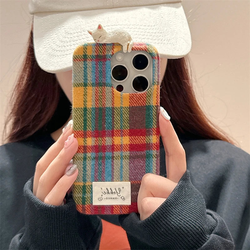 Fashion Warm Plush Plaid Grid Pattern 3D Cat Case For iPhone 16 15 14 13 12 Pro Max Creative Bumper Back Cover