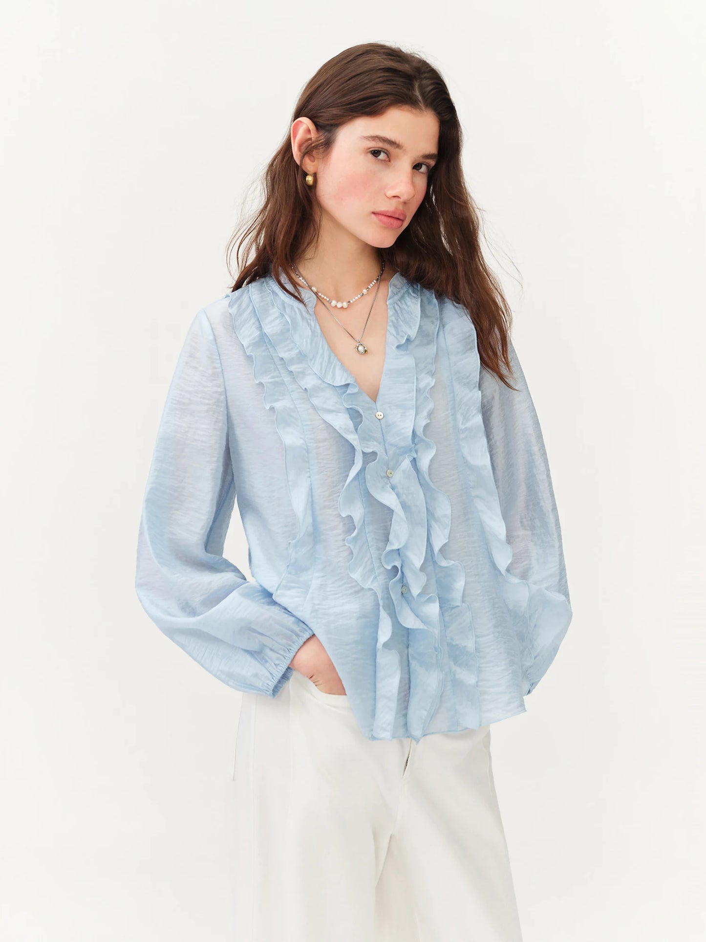 New Women's French Style V-Neck Ruffle Blouse Lightweight Sheer Hem Top for Coquette Vacation Chic Daily Style