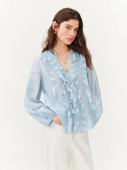 New Women's French Style V-Neck Ruffle Blouse Lightweight Sheer Hem Top for Coquette Vacation Chic Daily Style