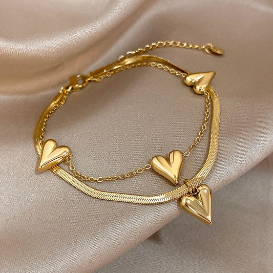 Stylish Heart Pendant Waterproof Gold Plated Steel Bracelets for Women Double Layer Bracelet Charm Fashion Jewelry