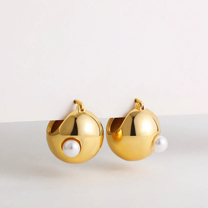 Fashion Hollow Ball Shape Round Chunky Hoop Earrings for Women Imitation Pearl Beads Small Ear Buckle Simple Jewelry Gift