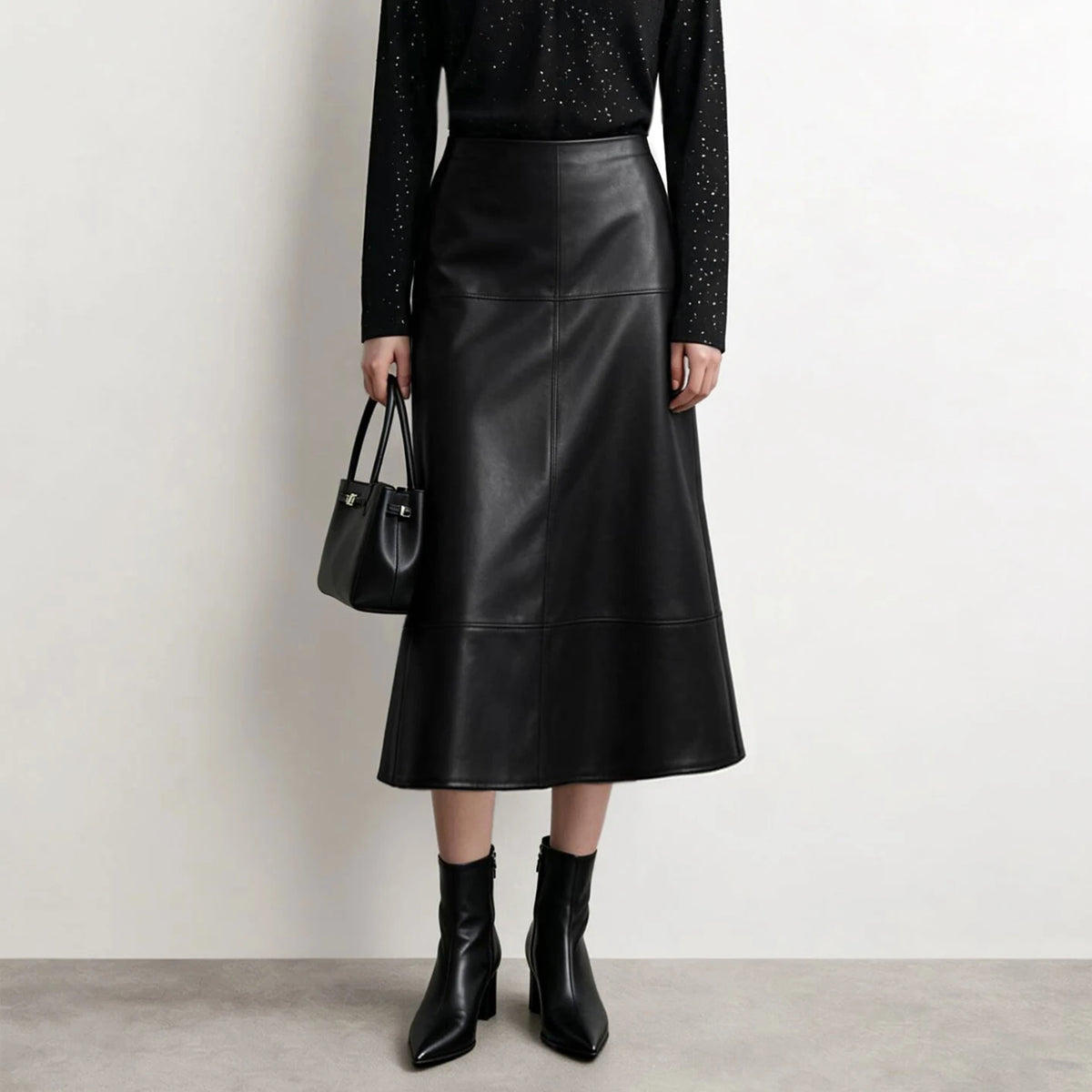 Women's Faux Leather A-Line Midi Skirt Loose Pockets Slim High Waist