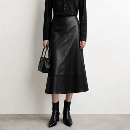 Women's Faux Leather A-Line Midi Skirt Loose Pockets Slim High Waist