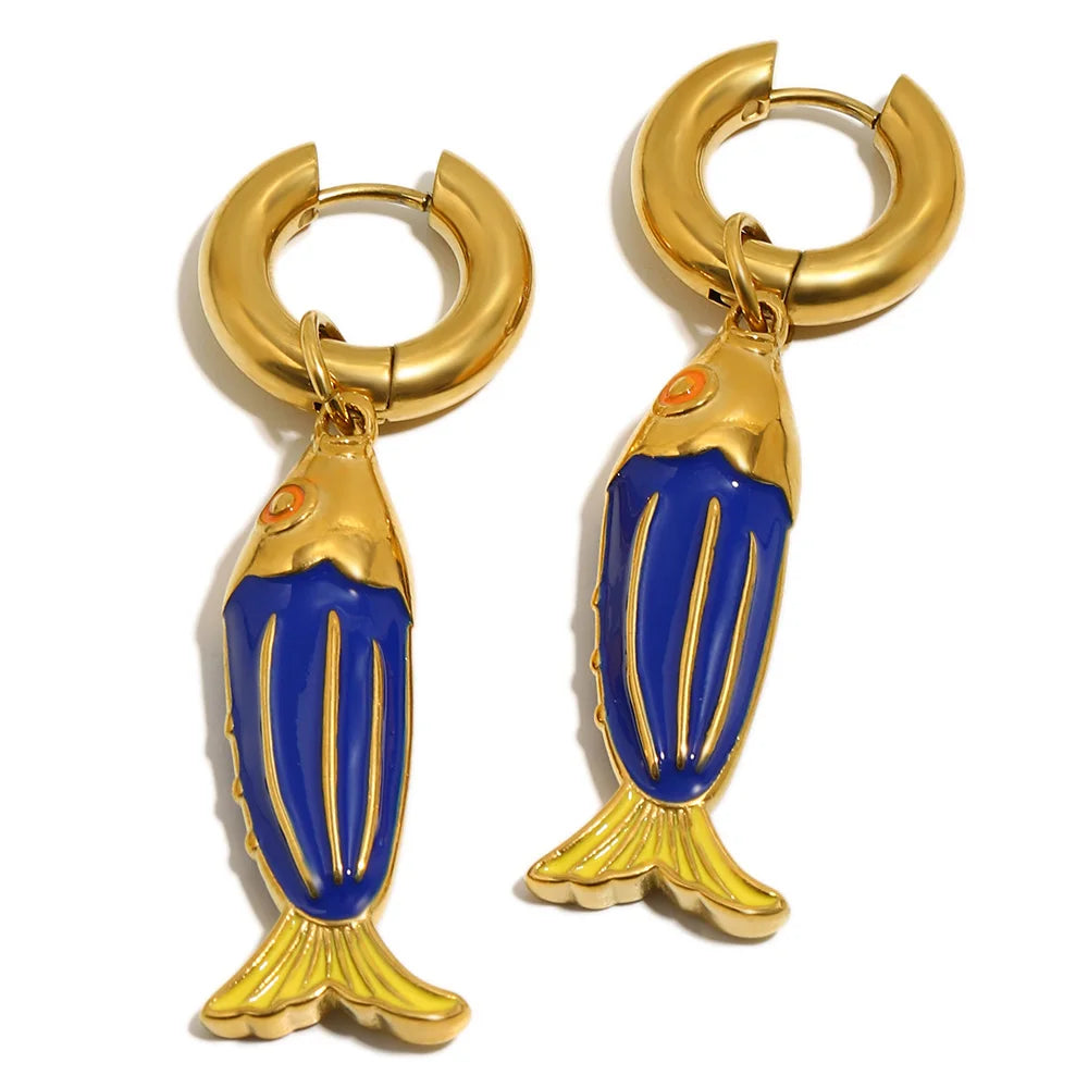 Colored Blue Green Oil Dripping Fish Earrings Enamel Hoop Earring Women's Hypoallergenic Tarnish Free Jewelry