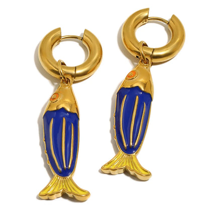Colored Blue Green Oil Dripping Fish Earrings Enamel Hoop Earring Women's Hypoallergenic Tarnish Free Jewelry