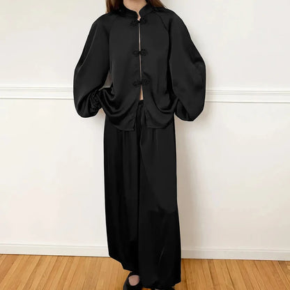 Casual Loose Woven Inelastic Pajamas 2 Piece Suit Long Sleeves Medium Collar Single-Breasted Top Full Length Pants