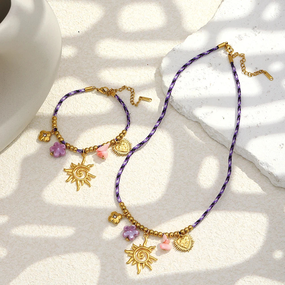 Set Hollowed Sun Pendant Charm Purple Flower Necklace Bracelet Cute Statement Daily's Jewelry