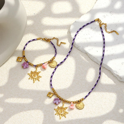 Set Hollowed Sun Pendant Charm Purple Flower Necklace Bracelet Cute Statement Daily's Jewelry