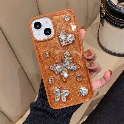 Luxury 3D Diamond Butterfly Glitter Case For iPhone 16 Pro Max 15 13 12 11 14 Plus Drip Glue Rhinestone Silicone Phone Cover