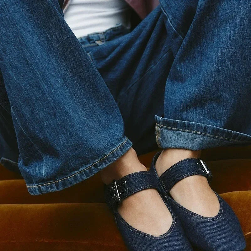 Blue Retro Denim Flat Shoes Women's Ballet Style Casual Footwear Comfortable