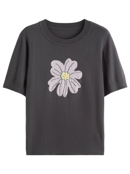 Knit Top - Short Sleeve Casual Blouse Women's Daily Wear Soft Patterned T-Shirt