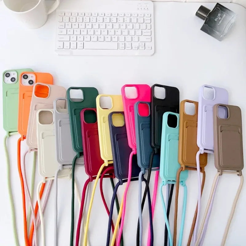 Crossboby Lanyard Rope Phone Case for IPhone 17 Air 16 15 14 Plus 13 12 11 Pro Max Silicone Card Package Fall Prevention Cover