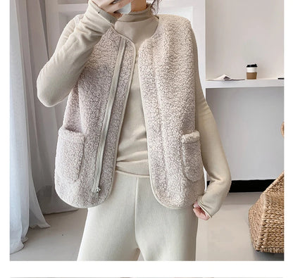 Women Faux Lamb Fur Vest Coat With Pockets Warm  Casual Cardigan Jacket