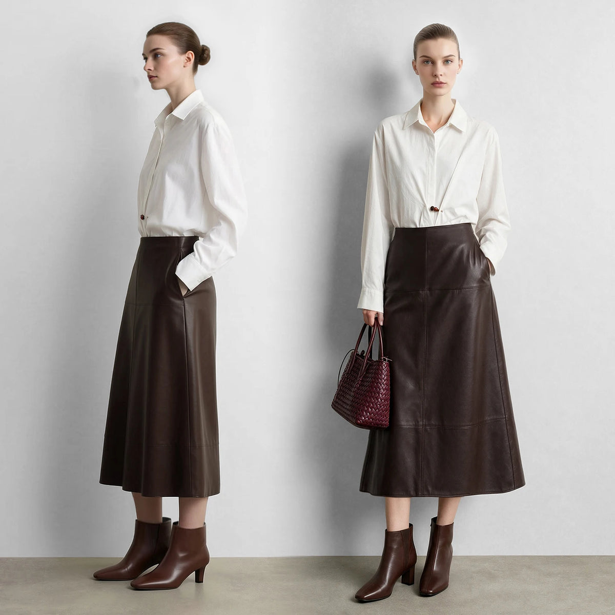 Women's Faux Leather A-Line Midi Skirt Loose Pockets Slim High Waist