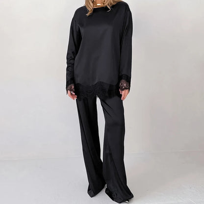 Black Fashion Loose Woven Elastic Ladies Pajamas Two-Piece Round Neck Long Sleeve Lace Top Elastic Waist Full Length Pants
