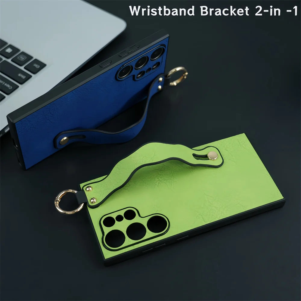 Luxury Wristband Bracket Leather Case for Samsung Galaxy S24 Ultra S23 S22 S21 Plus Hand Wrist Strap Stand Pure Color Wave Cover