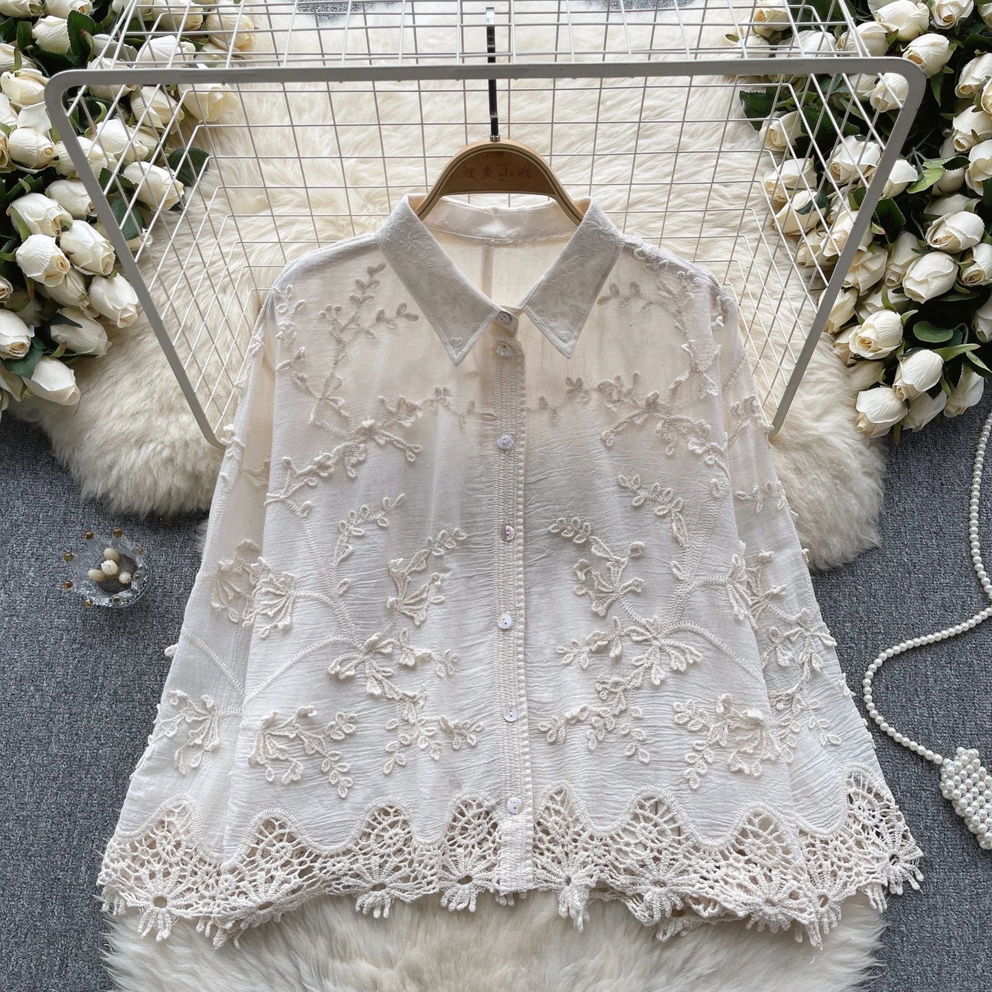 Embroidery Loose Shirt Women Elegant Retro Solid Lapel Long Sleeve High Quality Ladies Summer Fashion Court Blouse