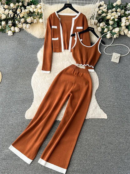 Autumn Knitted Three Pieces Sets Top+Long Sleeves Short Cardigan+Elastic Long Pants Fashion Sweater Set