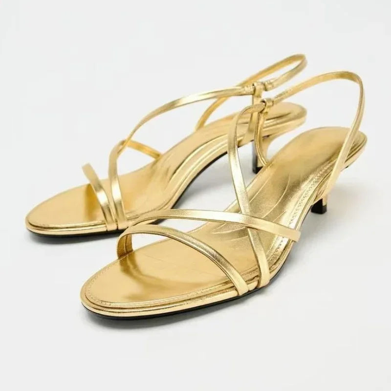 Designer Gold Silver Narrow Heel Sandals