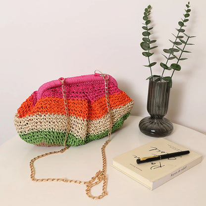 Color Striped Shell Clip Shoulder Bag Paper Rope Beach Bags for Women