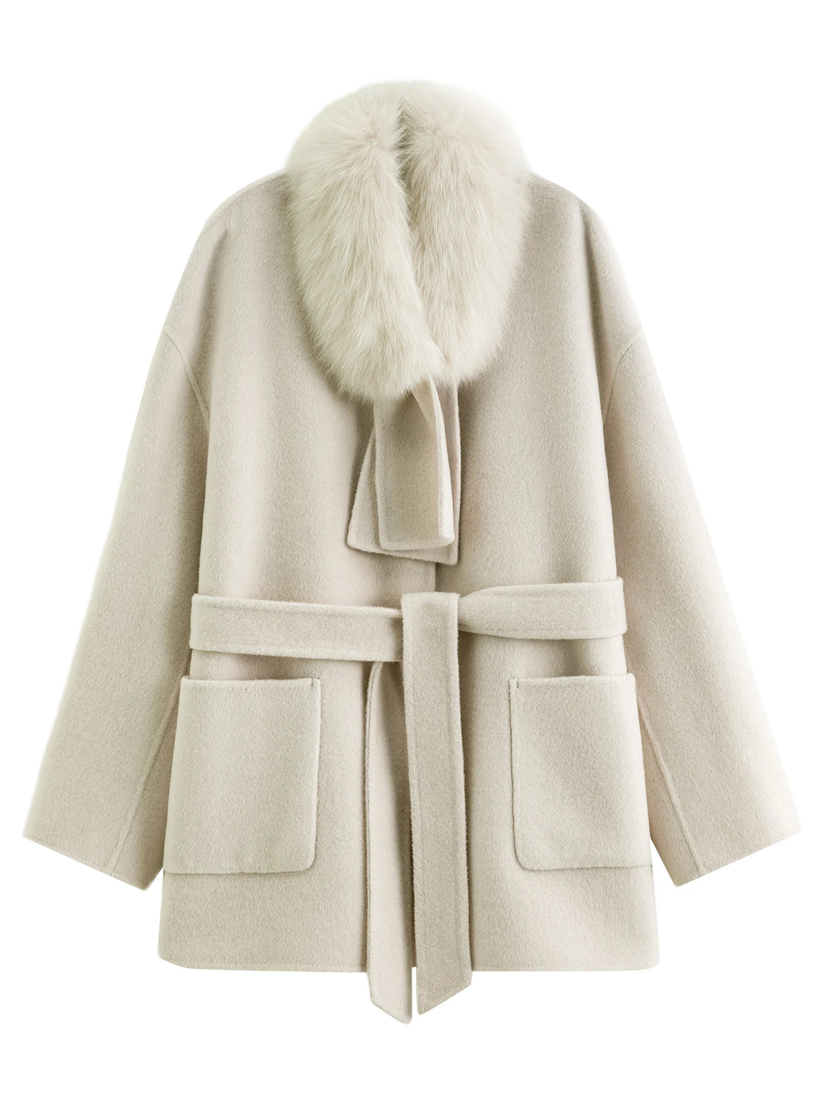 Wool-blend Coat Women Fox Fur Collar Thick Loose Mid Length for Winter
