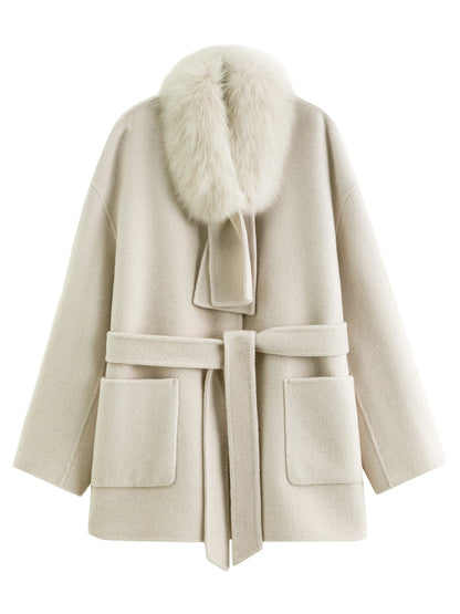 Wool-blend Coat Women Fox Fur Collar Thick Loose Mid Length for Winter