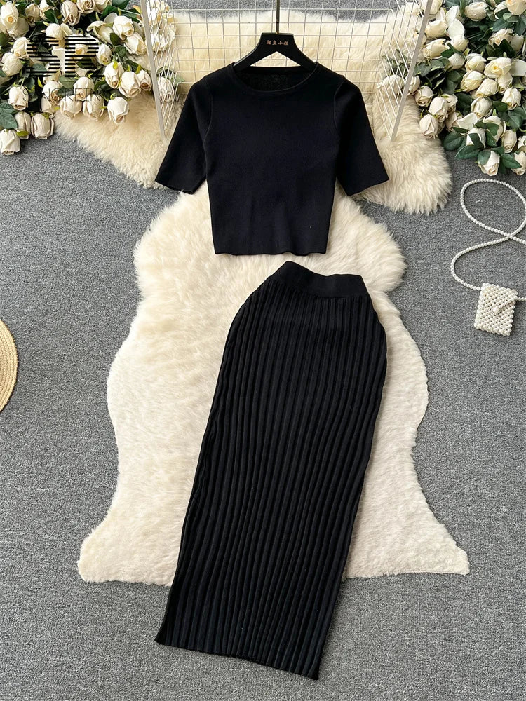 Two Piece Sets Women Top Elastic Waist Long Skirt