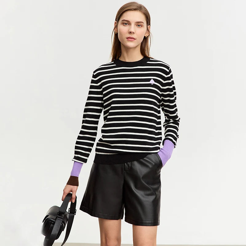 Striped Women's Sweater New Round Neck Asymmetrical