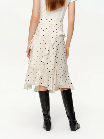Irregular Ruffle Polka Dot Midi Skirt New Spring High-waisted A-line Skirt for Commuting Knee-length