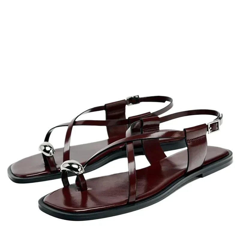 Fashion Brand Flat Sandals Women Cross Strap Buckle Metal Decoration Comfort Casual