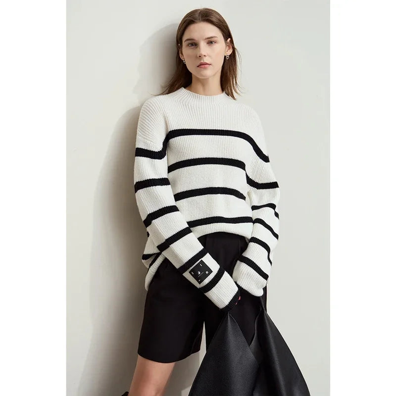 Minimalism Women's  Sweaters French Contrast Color Stripe Casual Long Sleeve