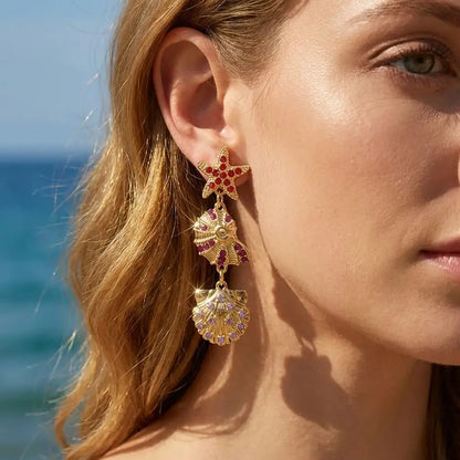 Luxurious Sparkling Zircon Metal Starfish Earrings for Women Bohemia Gold Color Conch Shell Tassel Drop Earrings Beach Jewelry