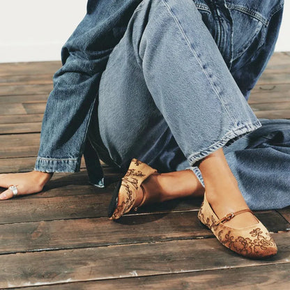 Velvet Effect Embroidered Flowers Ballet Flats Women's