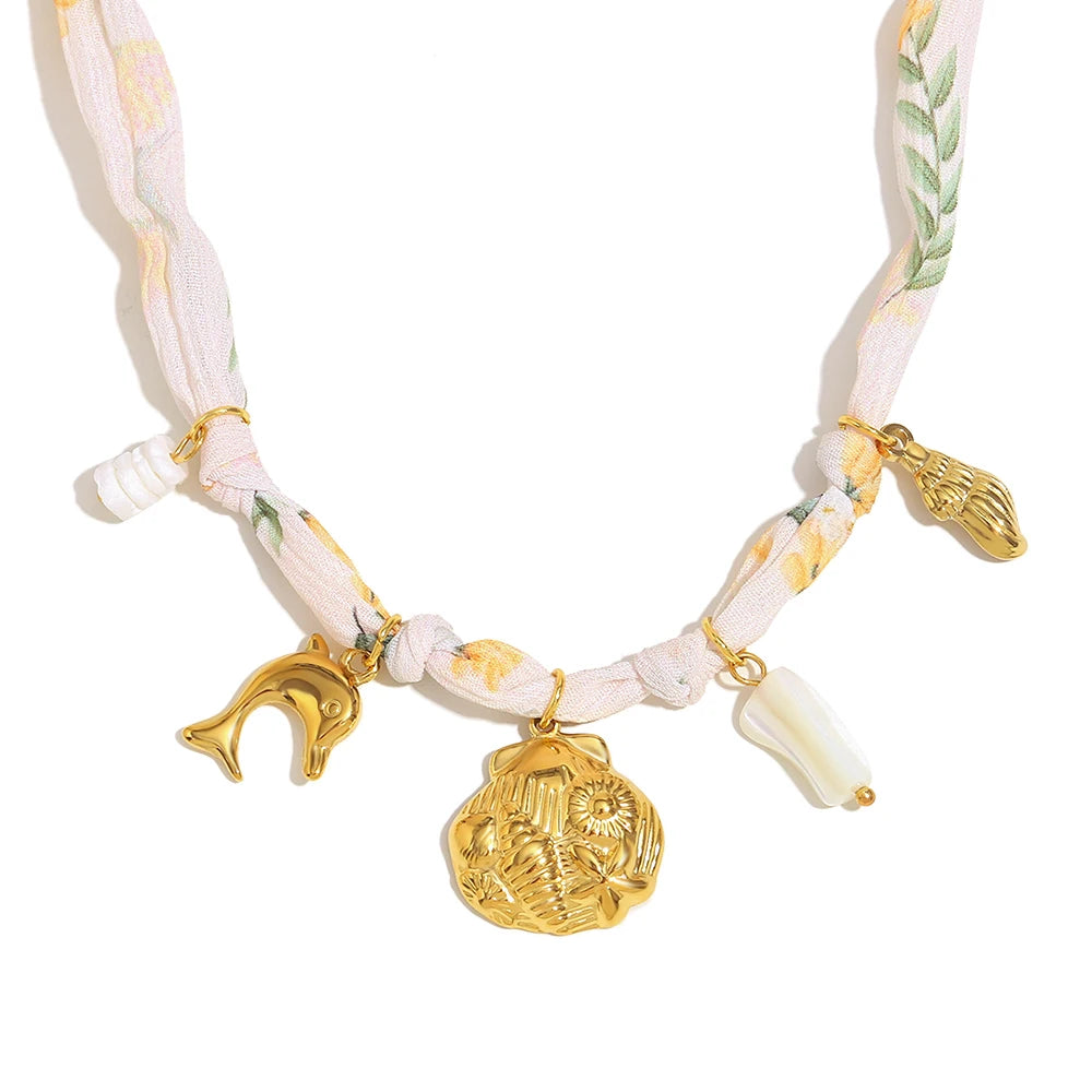 New Fashion 18K Gold Plated Ribbon Flower Starfish Fossil Shell Sun Pendant Necklace Stainless Steel Neck Jewerly