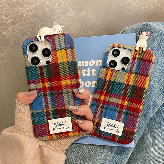 Fashion Warm Plush Plaid Grid Pattern 3D Cat Case For iPhone 16 15 14 13 12 Pro Max Creative Bumper Back Cover