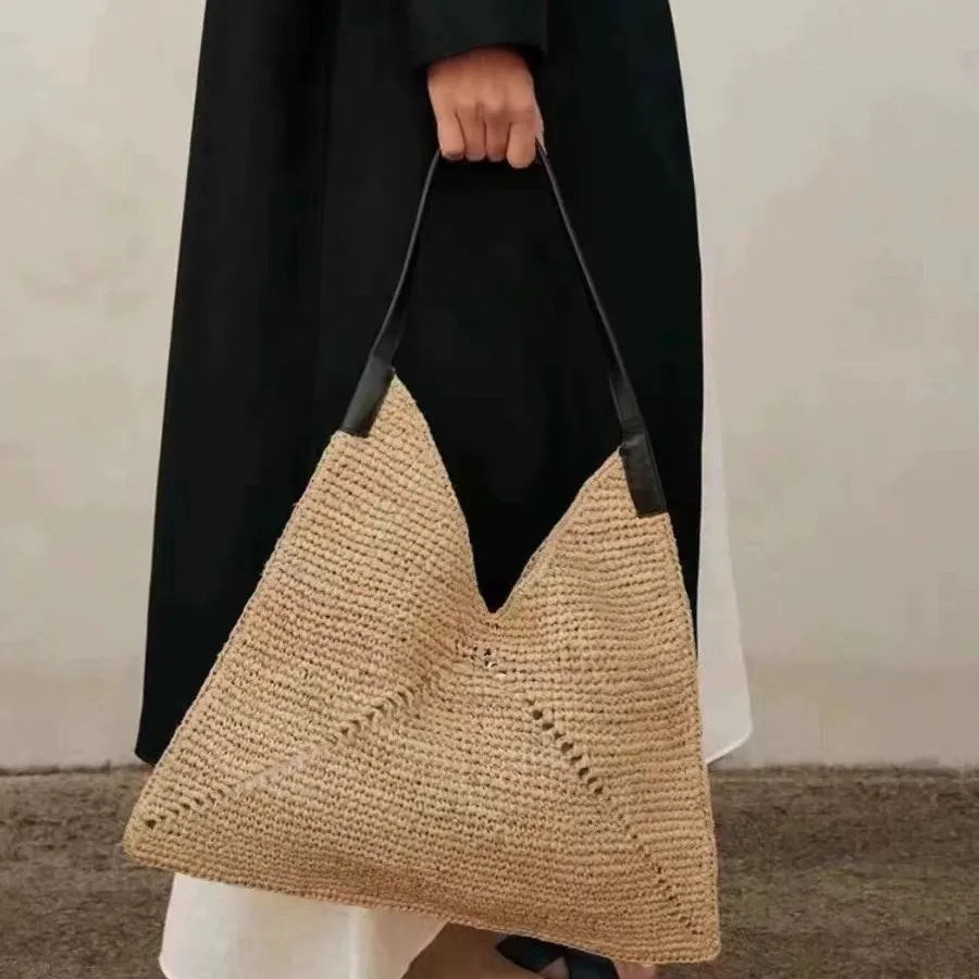 large Raffia straw shoulder bag women handmade oversized