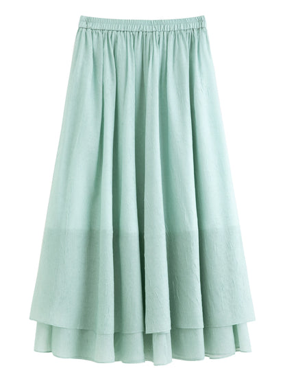 Mint Green Ruffled V-neck Chiffon Blouse and Skirt Women New Style Slimming Waist Solid Sets