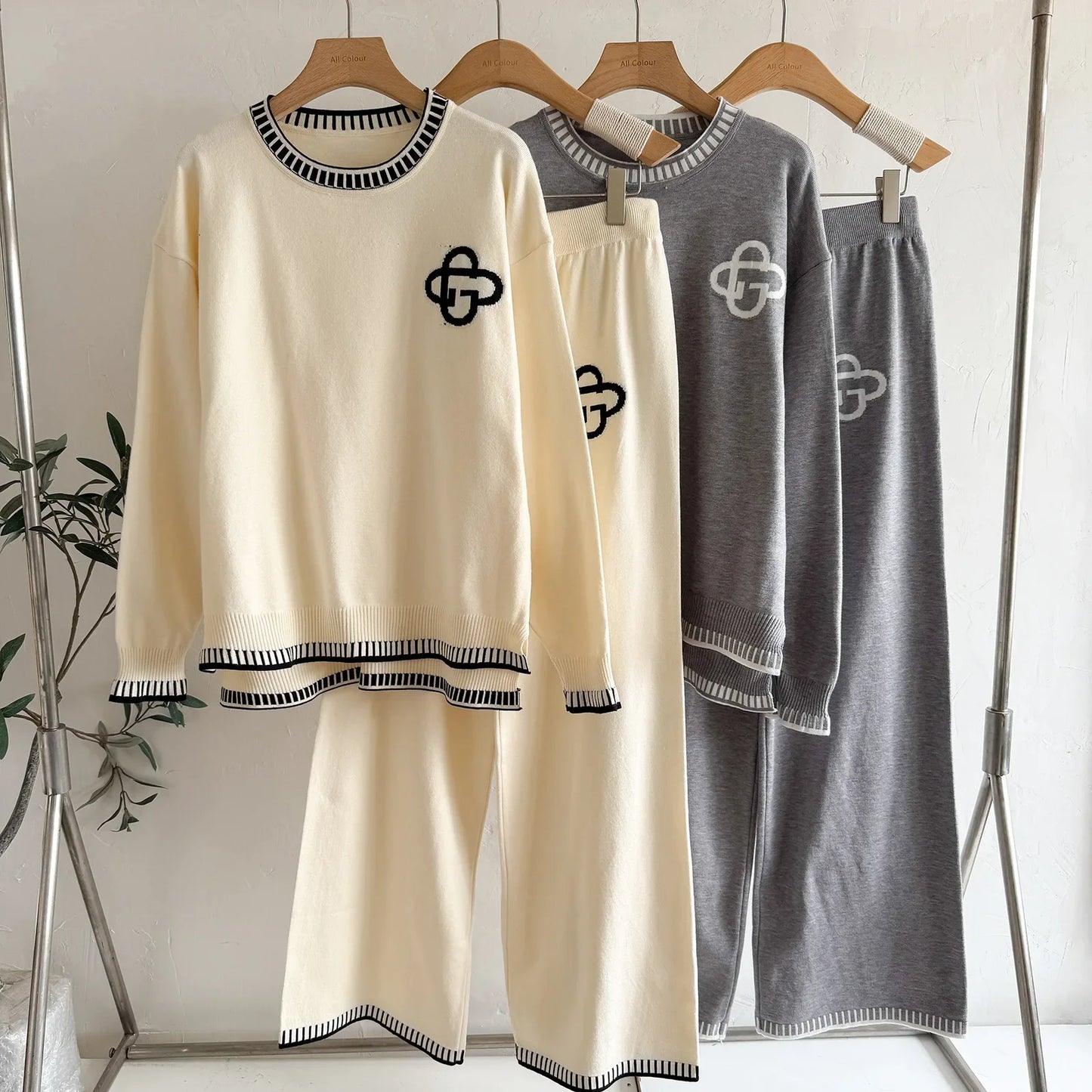 Women's Knitted Zipper Cardigan And Wide Leg Pants Two-Piece Set Spring Autumn