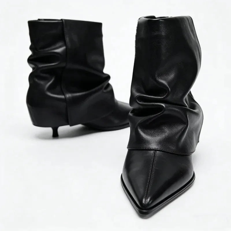 Pleated Boots Women Black Pointed Toe High Heels Short Boots
