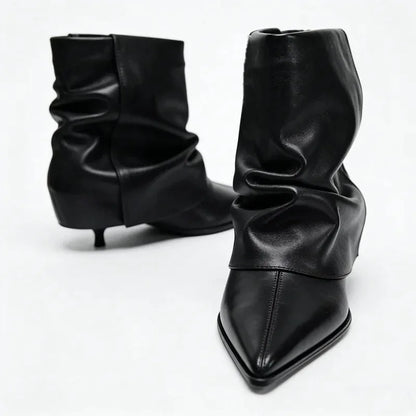 Pleated Boots Women Black Pointed Toe High Heels Short Boots