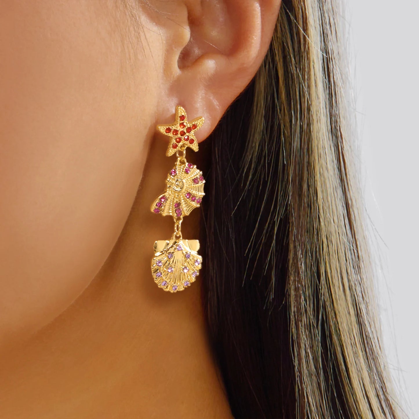 Luxurious Sparkling Zircon Metal Starfish Earrings for Women Bohemia Gold Color Conch Shell Tassel Drop Earrings Beach Jewelry
