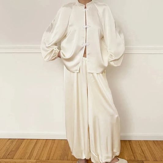 Casual Loose Woven Inelastic Pajamas 2 Piece Suit Long Sleeves Medium Collar Single-Breasted Top Full Length Pants