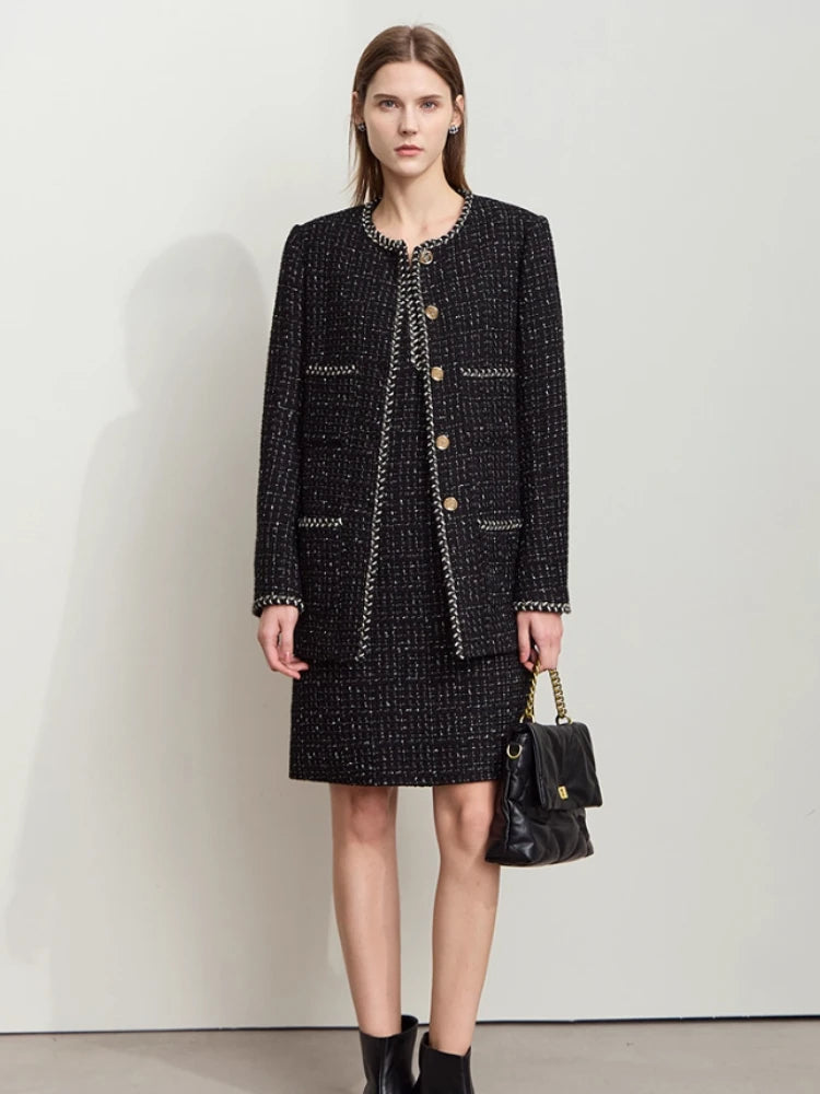 Women's Woolen Coat Elegant O-Neck Plaid Medium Long