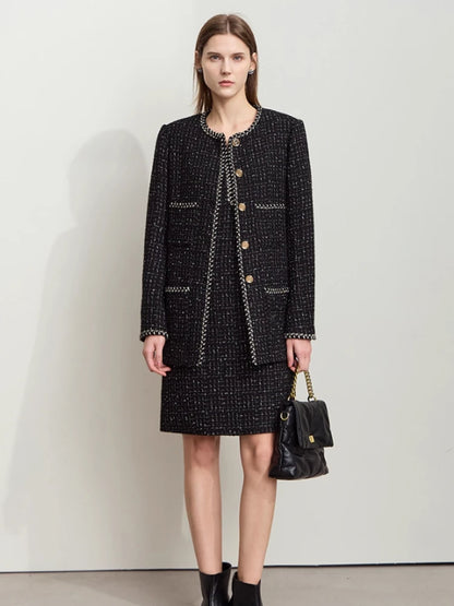 Women's Woolen Coat Elegant O-Neck Plaid Medium Long