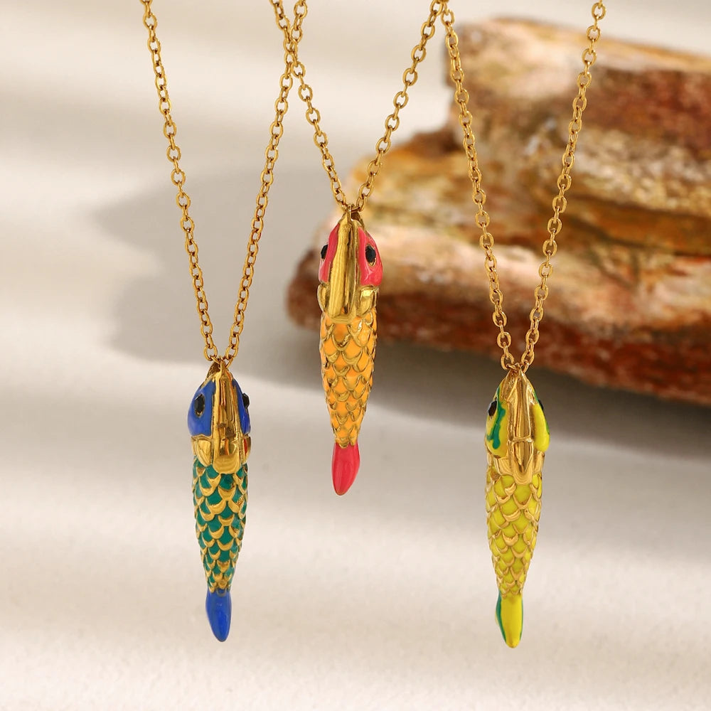 Colorful Lucky Enamel Fish Pendant Necklace Waterproof 316L Stainless Steel 18K Gold Plated Jewelry Accessories