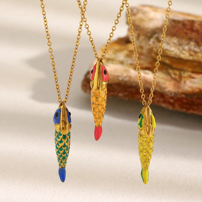 Colorful Lucky Enamel Fish Pendant Necklace Waterproof 316L Stainless Steel 18K Gold Plated Jewelry Accessories