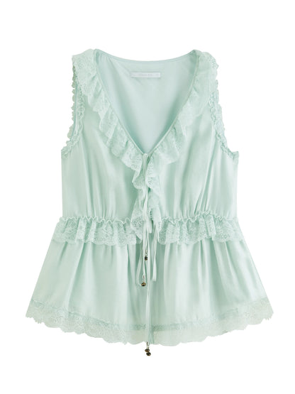 Women's 2026 Summer New Arrival Pearlescent Lace Sleeveless Blouse V-Neck Elegant Top V-neck Lace Decoration Shirts